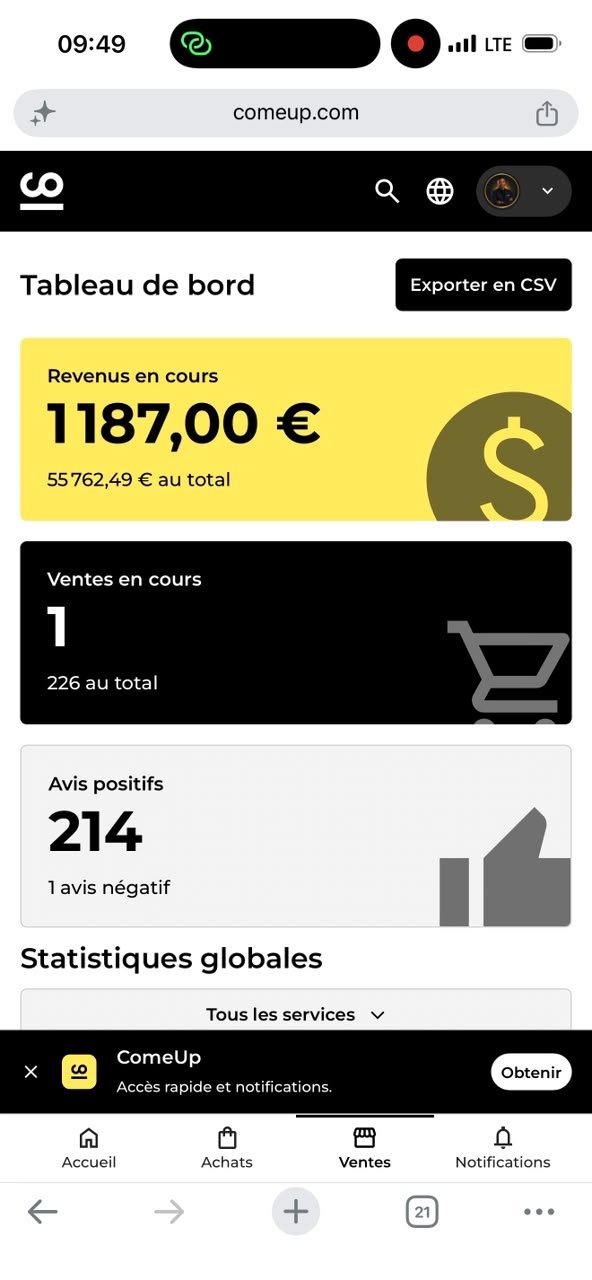 Dashboard revenus ComeUp